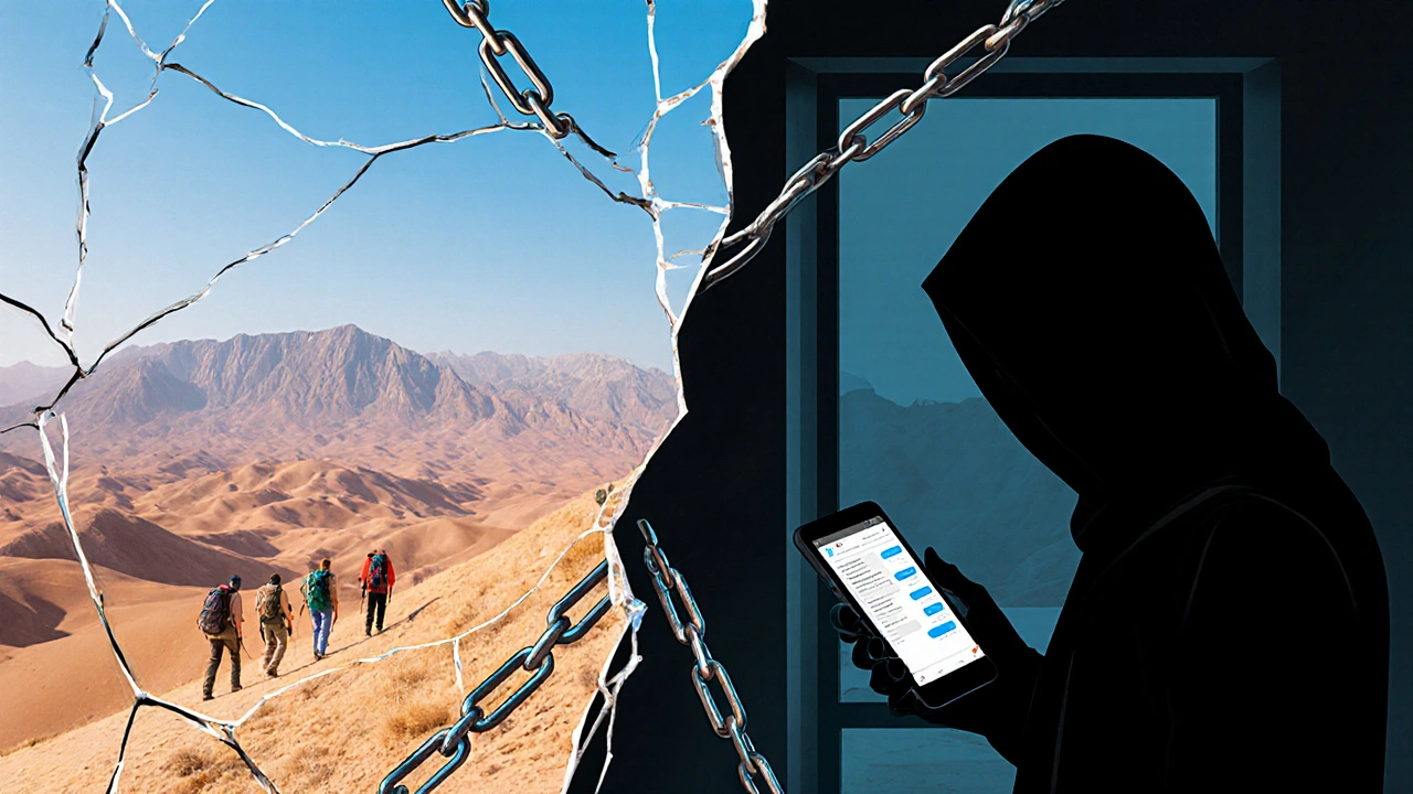 A conceptual mirror split between a mountain hike and a shadowy figure with encrypted messages, symbolizing legal versus illegal choices.