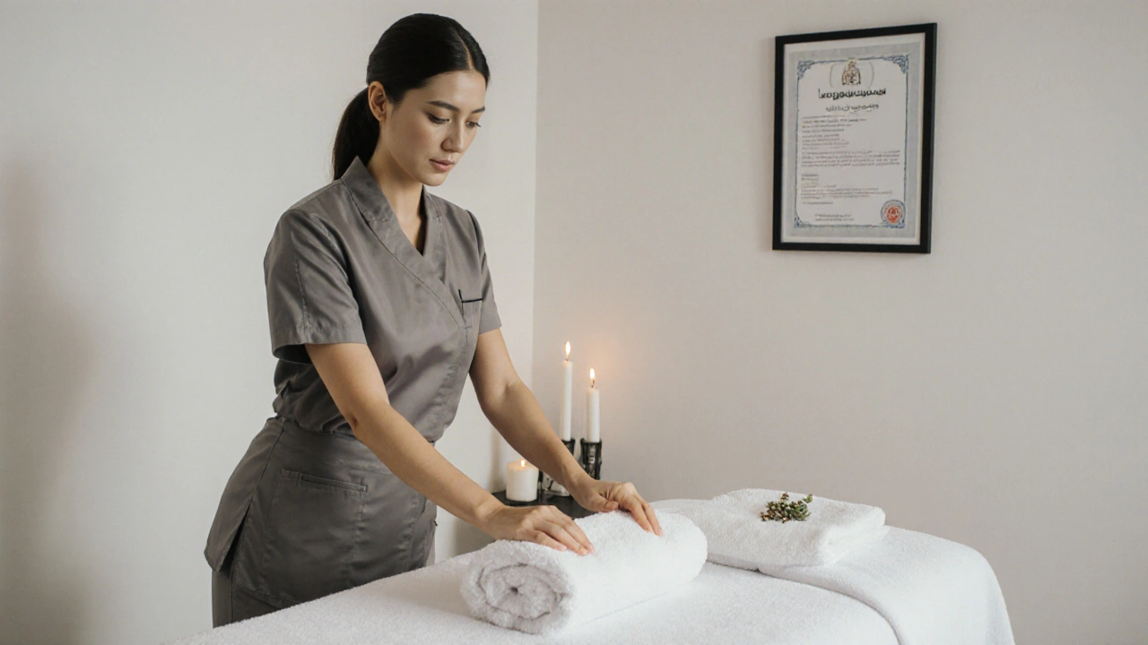 A licensed therapist in a clean, well-lit Dubai spa, preparing for a professional massage.