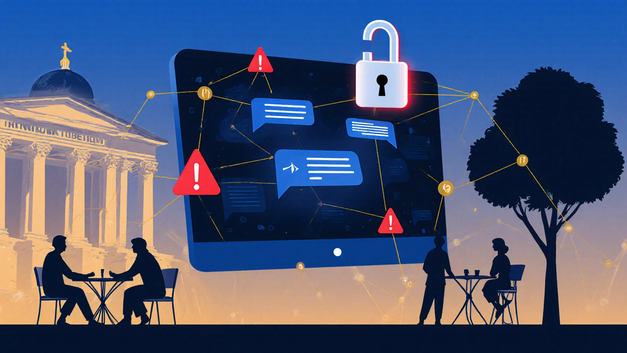 A locked digital padlock above encrypted messages, with safe social alternatives glowing nearby.