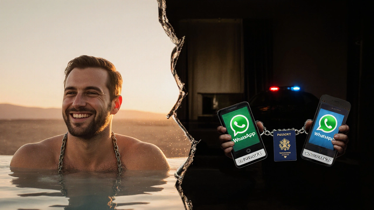 A man split between peace in a spa and danger in a shadowy room, symbolizing choice and consequence.