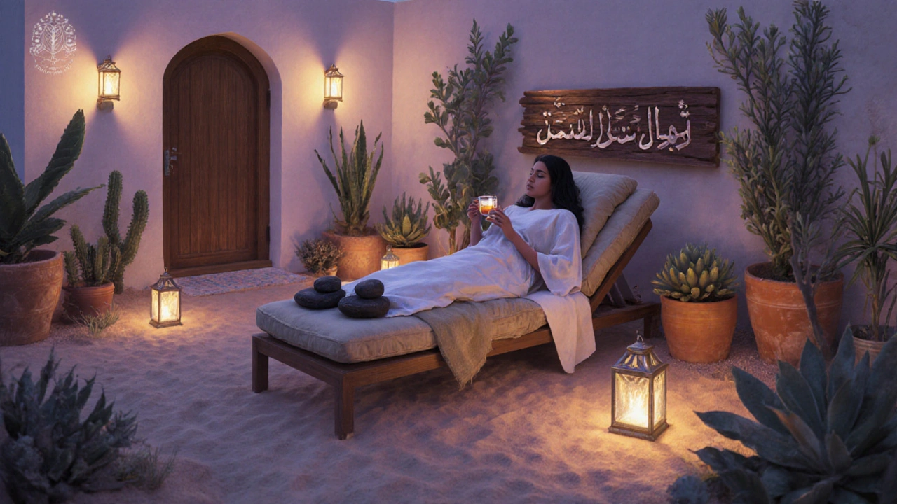 A peaceful garden spa setting at dusk with a client sipping tea after a massage, surrounded by lanterns and desert plants.