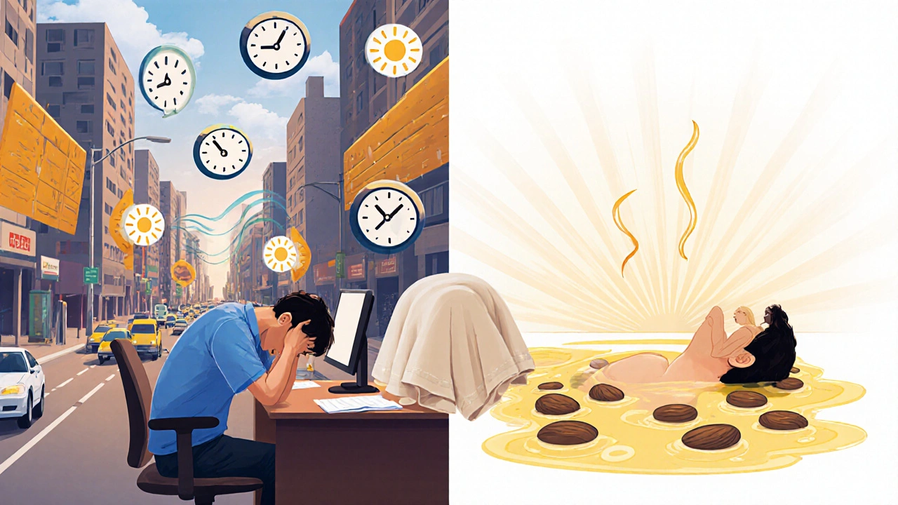 A split image showing stress on one side and deep relaxation on the other, symbolizing the transformation of a massage.