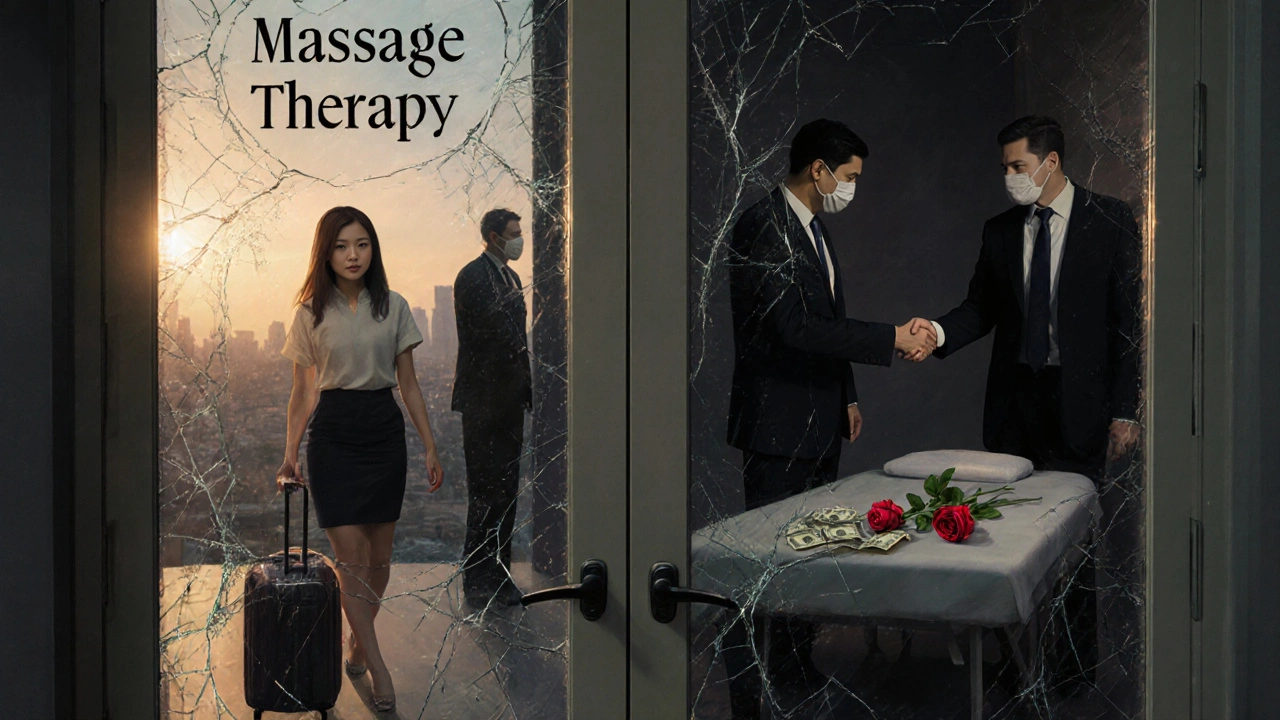 A transparent door shows a woman walking to freedom on one side and shadowy traffickers on the other, with a wilting rose on a massage table.