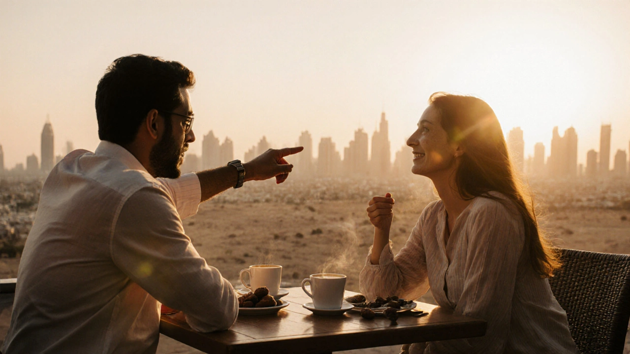 A traveler enjoying Arabic coffee with a local guide at a Dubai rooftop café at sunset, sharing a genuine moment of connection.