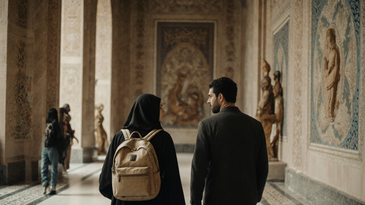 A woman guiding a visitor through the National Museum in Riyadh.