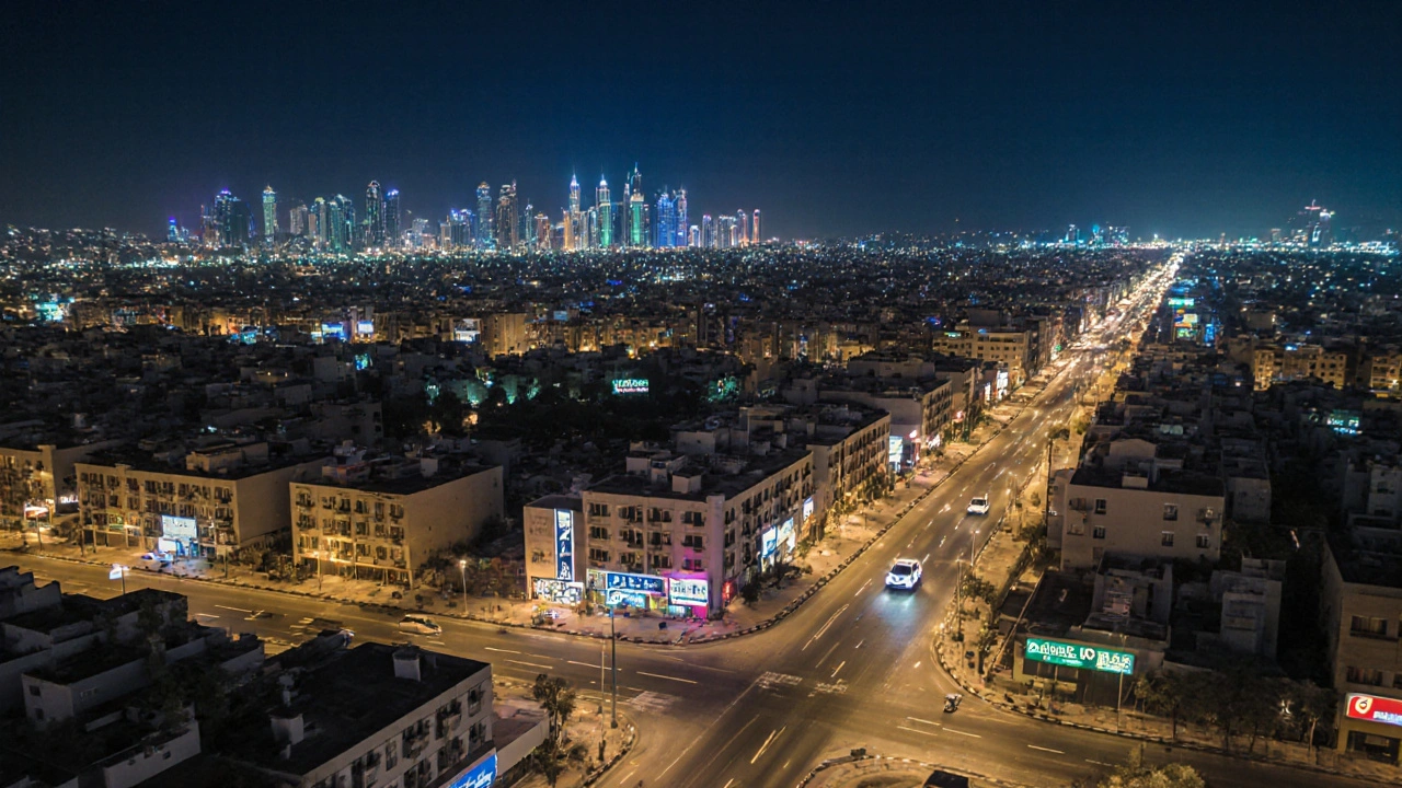 Aerial view of modest hotels in Shabia 10 near highways, glowing under night lights.