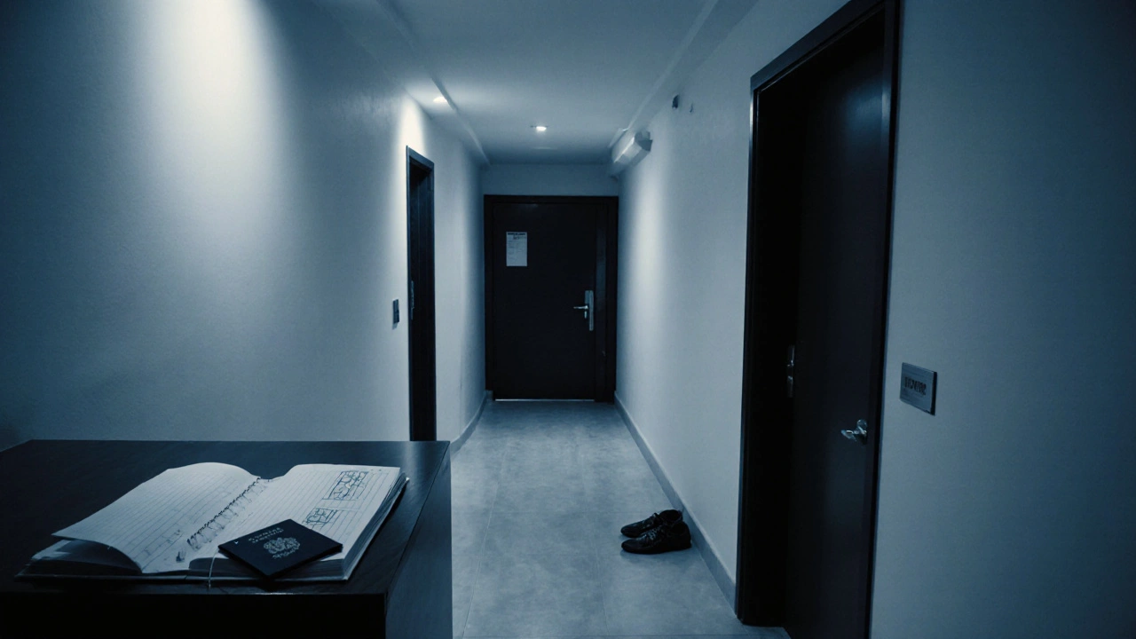 An empty hotel hallway at night with a guest log open on the front desk and shoes left outside a closed door.