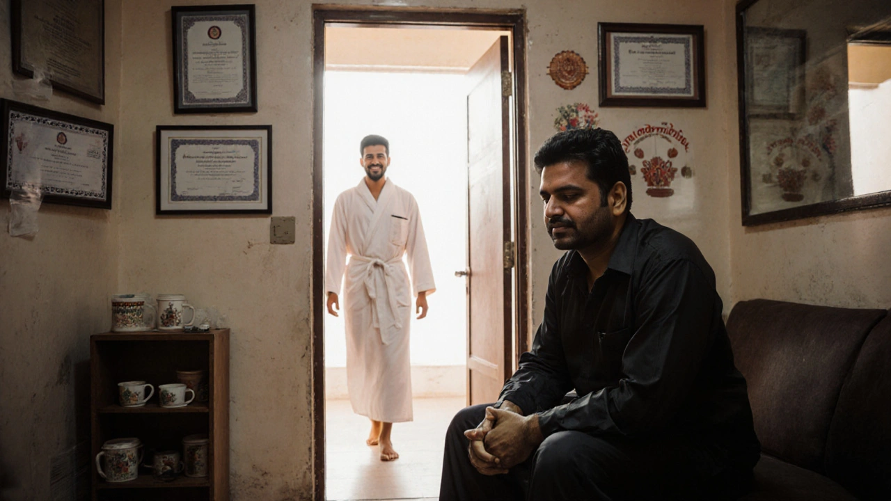 An experienced therapist with certification frames in a quiet waiting area of a long-standing Bur Dubai massage center.