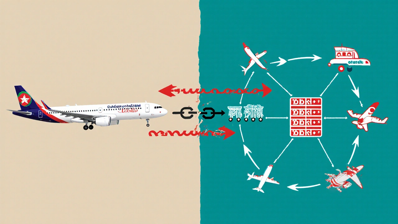 Direct flight vs. connecting routes comparison with price tags and icons, no text.