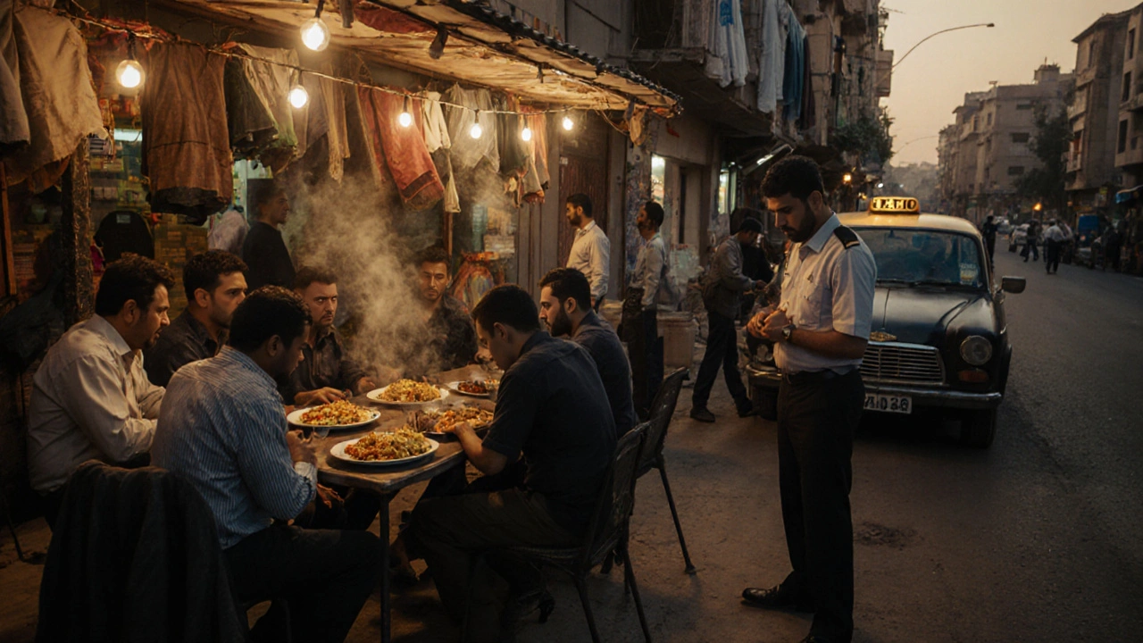 Diverse travelers eating local food at a small restaurant in Shabia 10 at dusk.