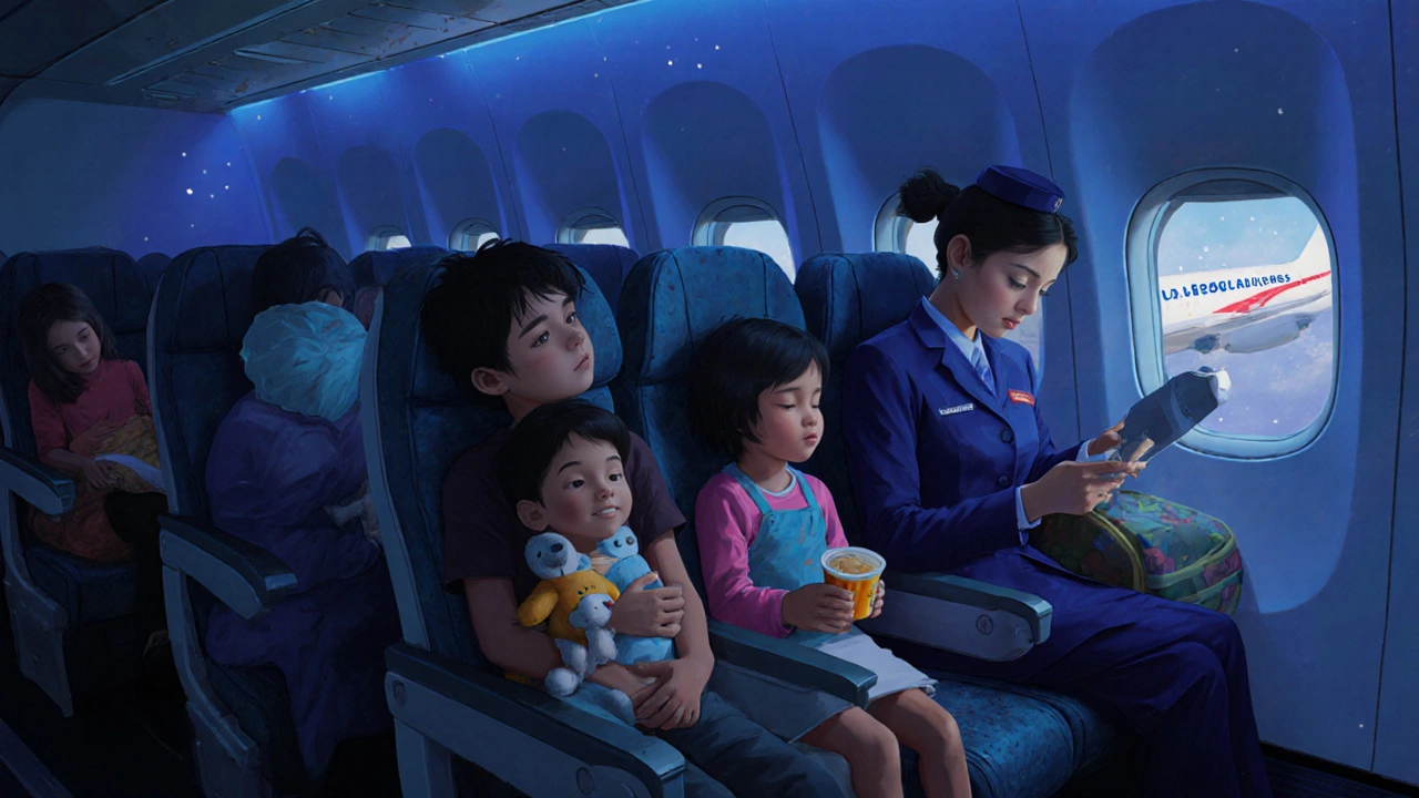 Family on a US-Bangla flight from Sharjah to Chittagong at night, child sleeping by the window.