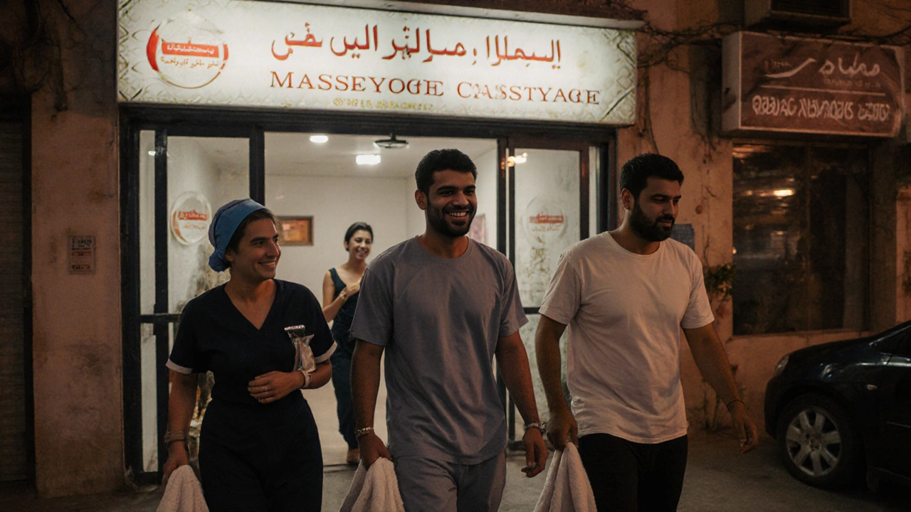Local workers leaving a Bur Dubai massage center at dusk, smiling after a restorative session.