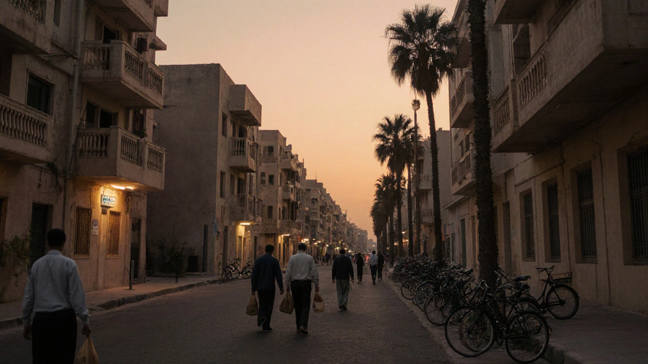 Quiet residential street behind Al Rigga Metro Station at dusk with residents walking home.