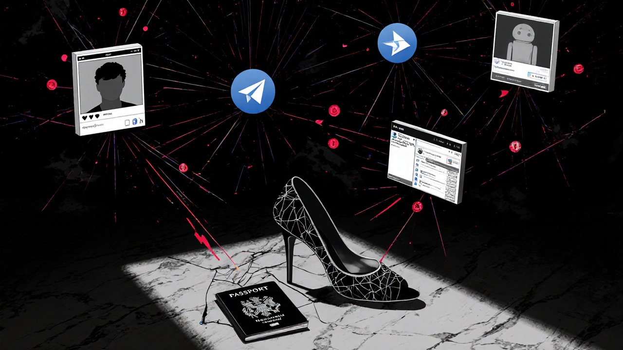 Shadowy digital network of fake profiles and crypto payments leading to a cracked passport and high heel, symbolizing human trafficking traps.