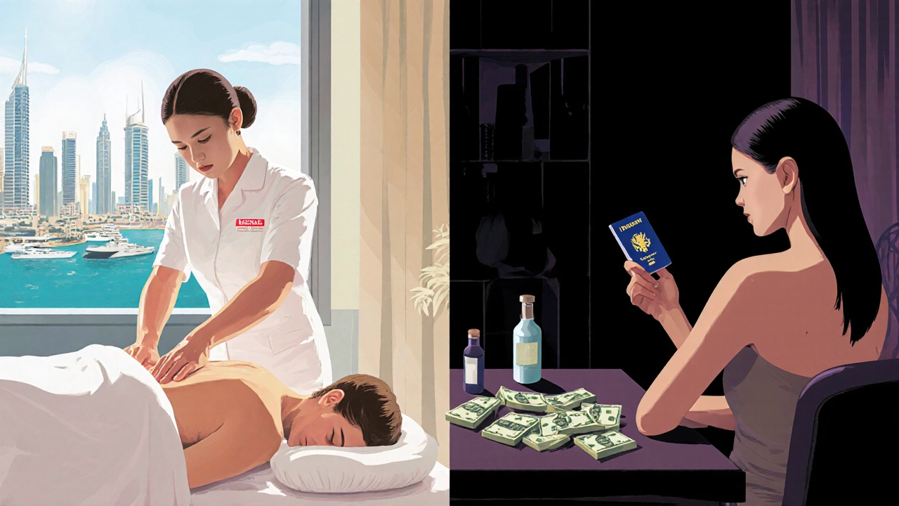 Side-by-side scene: a bright licensed spa with a professional therapist versus a shadowy backroom with a woman clutching her passport.