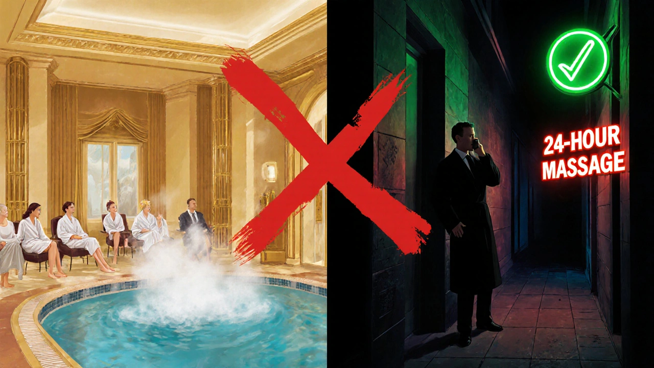 Split image: luxury spa on one side, shady alleyway with '24-hour massage' sign on the other — symbolizing safe vs. scam massage parlours.