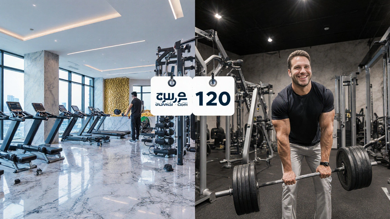 Split-screen contrast between luxury gym and no-frills gym with price comparison and weight bar connecting both.
