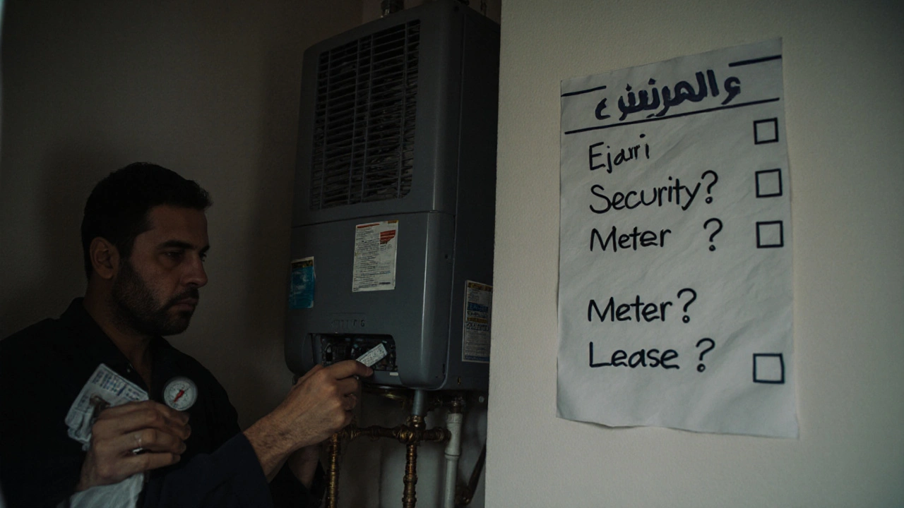 Tenant inspecting water heater and AC in an older Al Rigga apartment with a maintenance checklist.