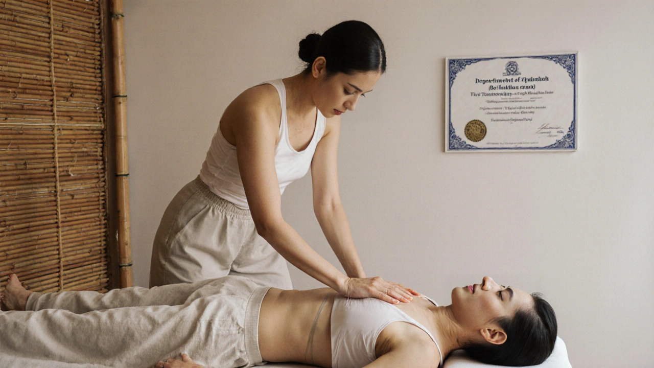 Thai massage therapist using hands and feet to apply pressure on a client in loose clothing, with a health license visible in the background.