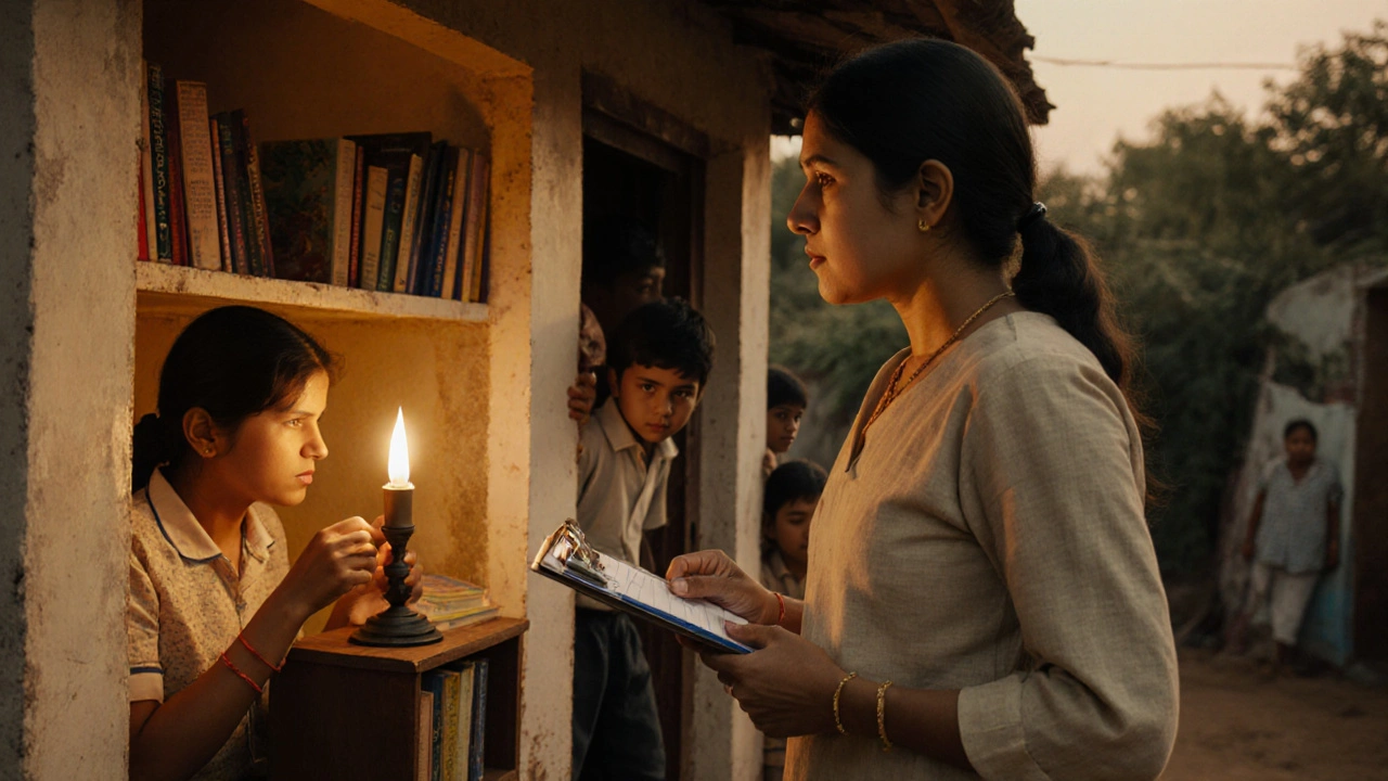Trisha Kulkarni directing a small library project in rural Odisha at sunset.