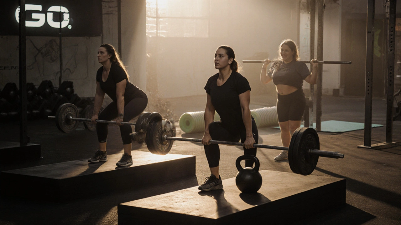 Women lifting weights in a calm, dimly lit gym area during dedicated evening hours.